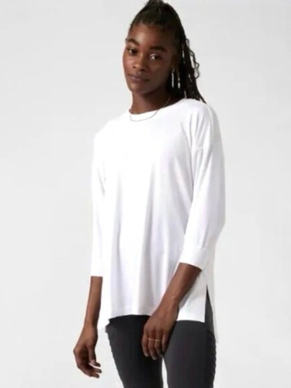 Athleta Tranquility Top 3/4 Sleeve White Relaxed Tunic Top Womens Large